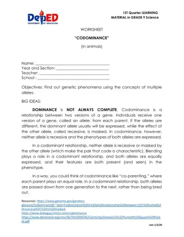 WORKSHEET on CODOMINANCE (ANIMALS)