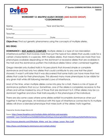 Worksheet multiple alleles