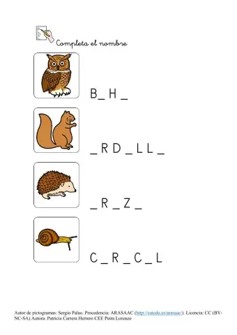 SA Otoño. Completar el nombre de los animales con las vocales