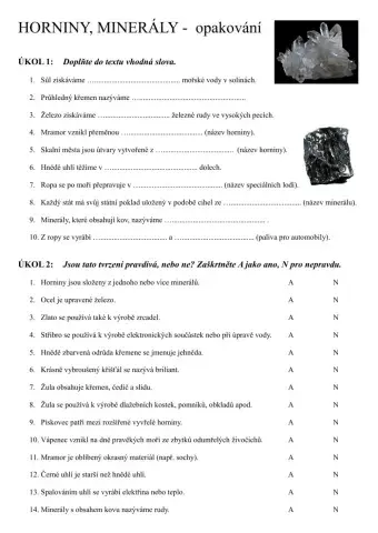 HORNINY, MINERÁLY - opakování