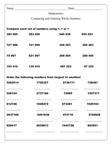Comparing and Ordering Whole Numbers Worksheet