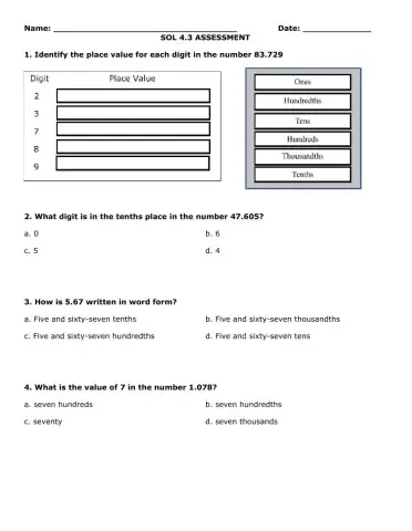 Decimal Place Value Assessment