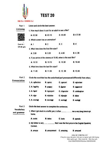 Lớp 7 Kiểm tra 45 phút ( test 20 luyện giải)