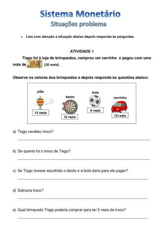 Sistema Monetário Brasileiro situações problema