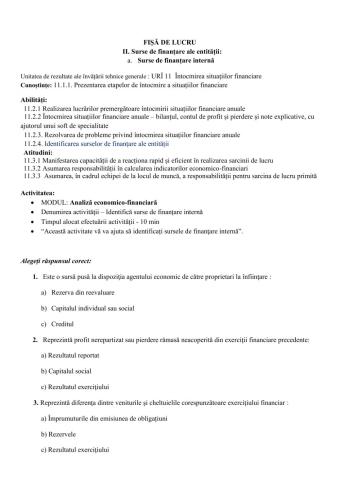 FIȘĂ DE LUCRU. Surse de finanțare ale entității