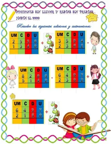 Adiciones sin llevar y sustracciones sin prestar con cantidade hasta el 9999.