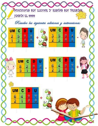 Adiciones sin llevar y sustracciones sin prestar con cantidade hasta el 9999.