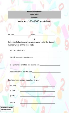 Numbers in Spanish 100 to 1,000 Level 3