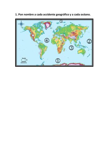 Mapa mundial físico. Localiza accidentes geograficos y océanos.