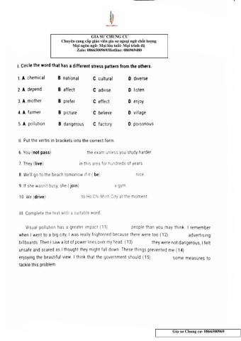 Lớp 8 - Kiểm tra 15 phút lần 3(unit 789)