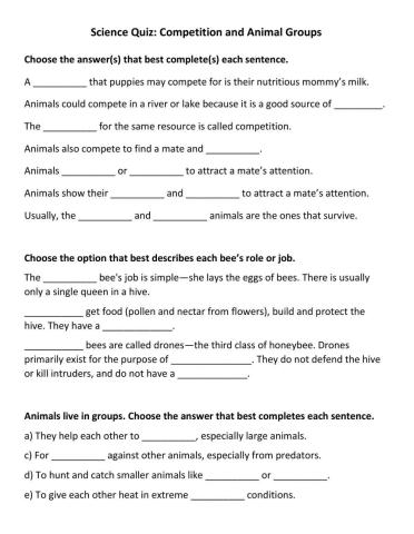 Science Quiz: Competition and Animal Groups