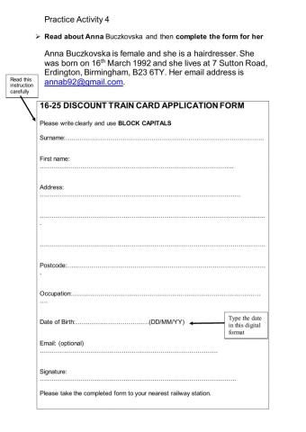 Activity 4 Practice Form Filling in Block Capitals
