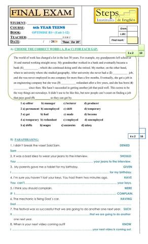 Optimise B1+ Final Exam
