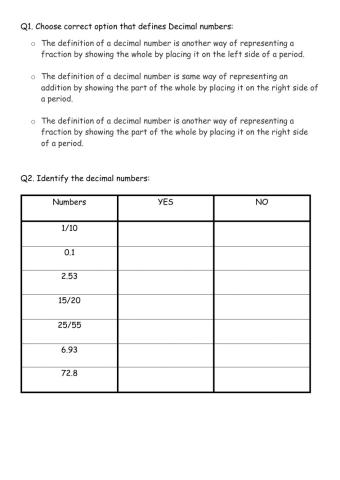 Identify Decimal numbers
