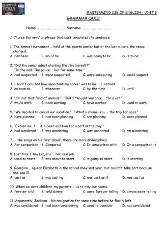 Mastermind Unit 3 Grammar Test