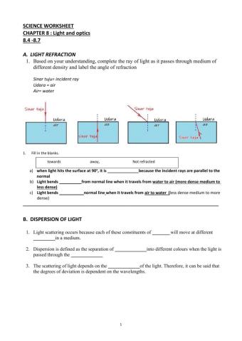 SCIENCE CHAPTER 8 WORKSHEET LIGHT AND OPTICS