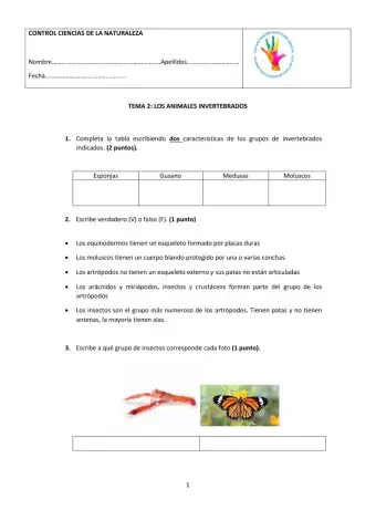 EXAMEN NATURALES TEMA 2 ANIMALES INVERTEBRADOS 