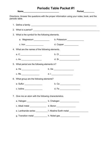 Periodic Table Extended Worksheet