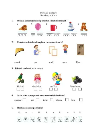 Evaluare - literele e, n, r, ă, u