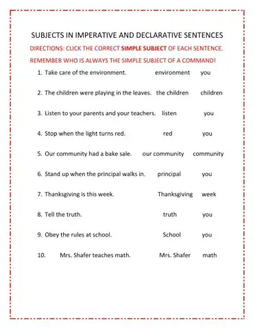 Subjects in imperative and declarative sentences