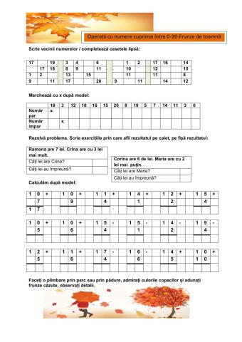 Operații cu numere 0-20-Frunzele toamnei