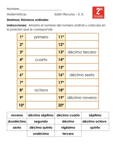 Numeros ordinales 1-20