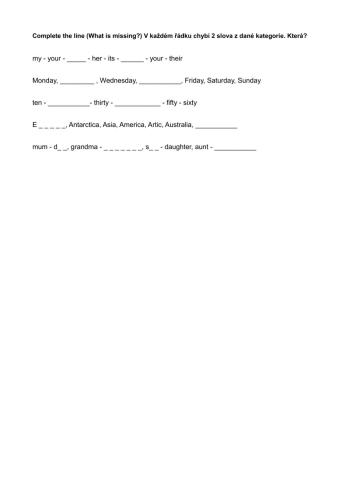 Vocabulary - family, days of the week, numbers, possesive adjectives