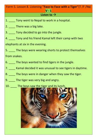 Form 5. Lesson 8. Listening  -The Day I Came Face to Face with a Tiger-. V-1