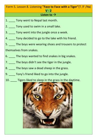 Form 5. Lesson 8. Listening  -The Day I Came Face to Face with a Tiger-. V-2