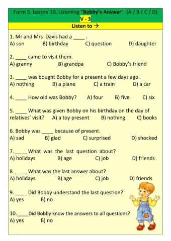 Form 5. Lesson 10. Listening -Bobby’s Answer-. V-3