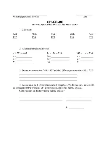 Evaluare - Adunarea și scăderea cu trecere peste ordin