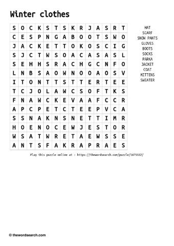 Winter clothes wordsearch