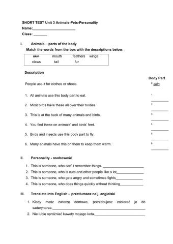 Kartkówka unit 3 Animals-Pets-Personality