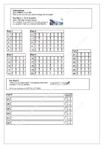 Answer sheet test 3 - Reading