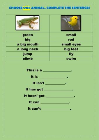 Choose one animal. Complete the sentences.