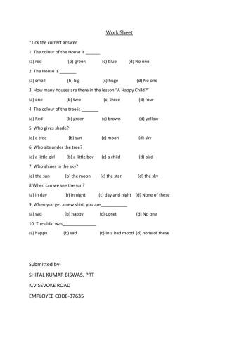 English class 1 worksheet on chapter- - a happy child-