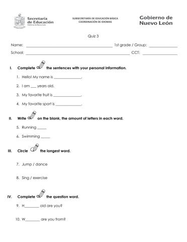Quizz first grade 3