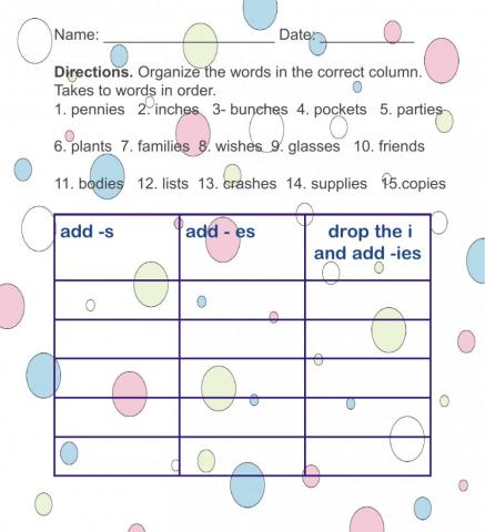 Plurals -s, -es, -ies