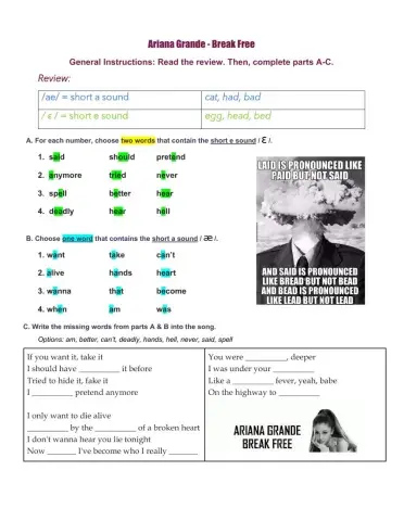 Song Practice: Short a and Short e