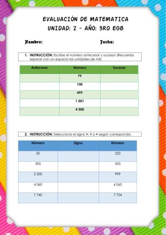 Evaluación Matemática 3ro EGB - Parcial 2