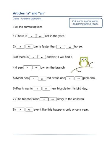 Articles 'A' or 'An' 2 - grade 1