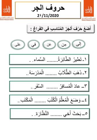 مراجعة المفردات وحروف الجروترتيب كلمات في جملة