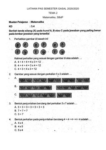 Latihan PAS Tema 2 Kelas 2 Mtk & SBdP S1
