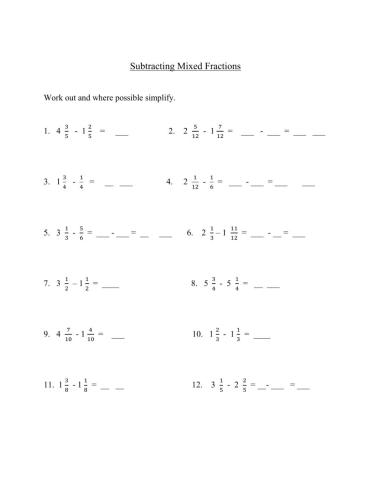 Subracting Mixed fractions