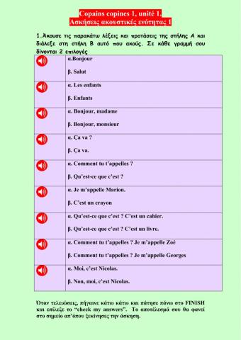 Exercice d'écoute niveau A1