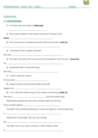 Intermediate- Final Grammar Test