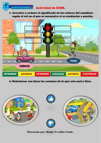 Arrastre y ordene el significado de los colores del semáforo según el rol en el que se encuentre si es conductor o peatón.