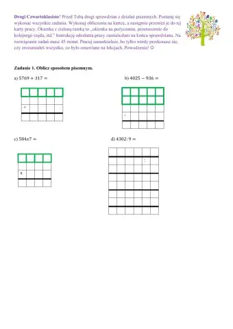 Działania pisemne kl. 4 - sprawdzian