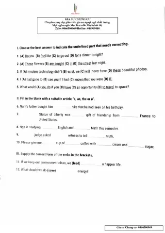 Lớp 9 - Kiểm tra 15 phút Units 7,8,9