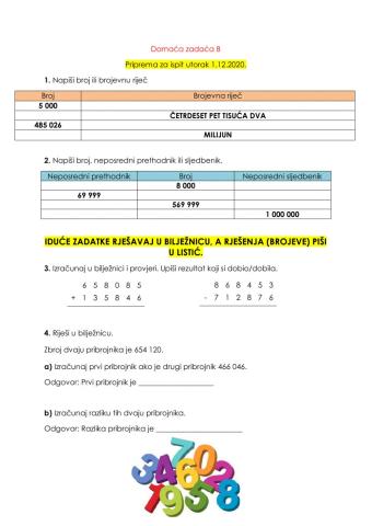 Pisano zbrajanje i oduzimanje brojeva do milijun